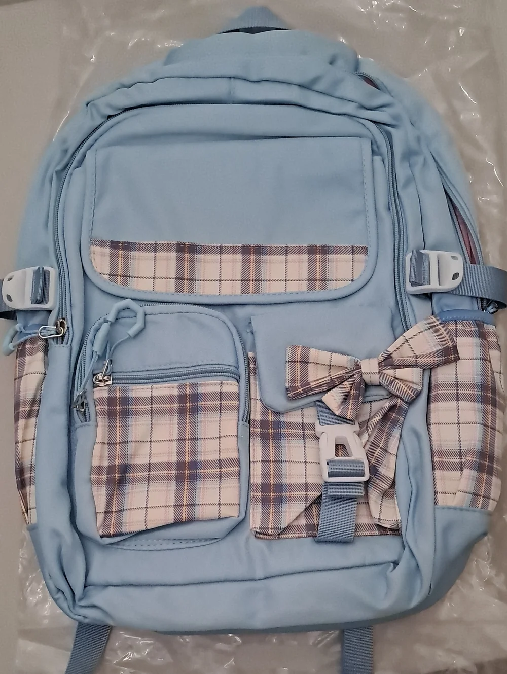 Light Blue Plaid Accent School Backpack